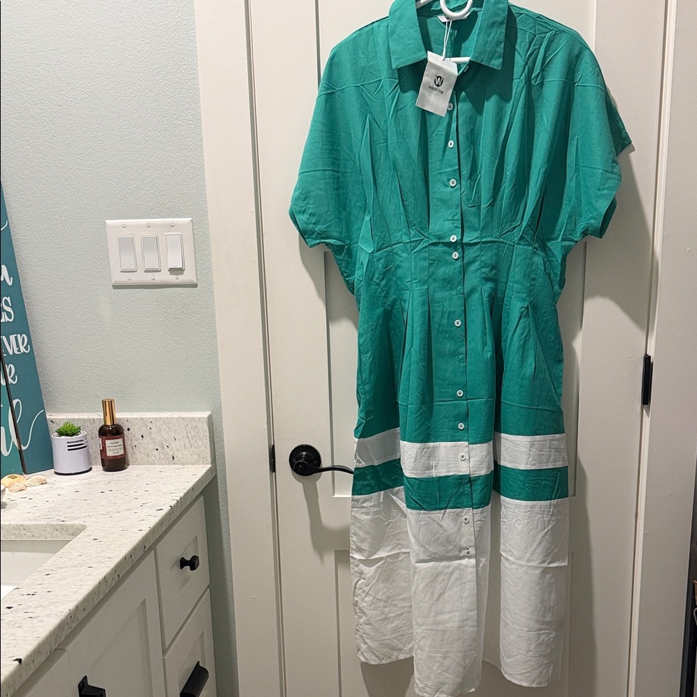Mint Green White Button-Up Colorblock Maxi Dress lightweight bohemian flowy sz L